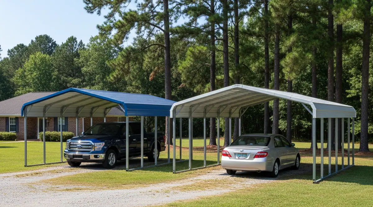 Custom heavy-gauge steel carport protecting vehicles in Cameron, SC