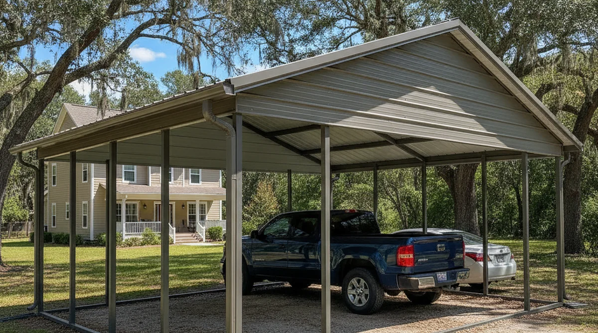 Metal carport with gutters installed in Norway SC